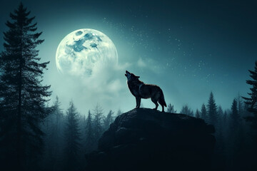 Silhouette of howling wolf against dark toned foggy background and full moon or Wolf in silhouette howling to the full moon. Halloween horror concept.  - obrazy, fototapety, plakaty