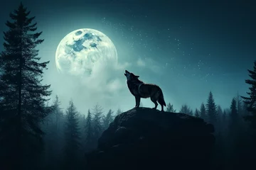 Poster Silhouette of howling wolf against dark toned foggy background and full moon or Wolf in silhouette howling to the full moon. Halloween horror concept.  © tomruethai