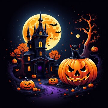 Halloween Moonlit Night  vivid colours  clean black background. 