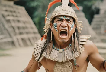 Fotobehang mayan warrior ready for battle mouth open yelling in action pose © Rukmaniah