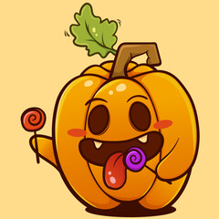 Illustration of a halloween pumpkin character eating candy, and on an isolated yellow background, cool for stickers, logos, totebag designs, t-shirts etc.