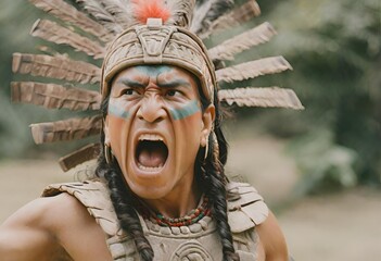 mayan warrior ready for battle mouth open yelling in action pose - obrazy, fototapety, plakaty