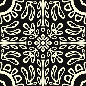 vector contemporary white native floral scarf pattern on black.