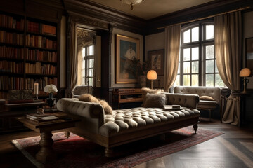 Stylish living room interior with comfortable black sofa