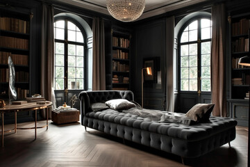 Stylish living room interior with comfortable black sofa