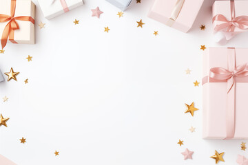 colorful gift boxes with stars over a white background, in the style of soft pastel - Powered by Adobe