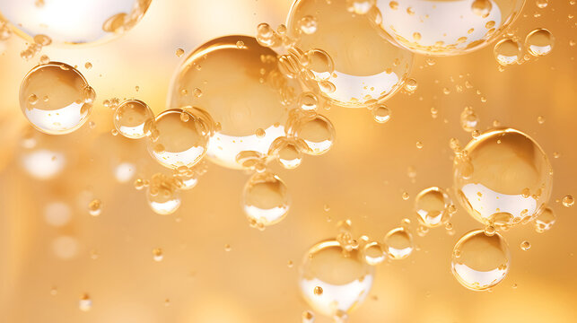 yellow bubbles of oil or serum, bubbling drops of gold liquid,  golden bubbles , golden christmas background