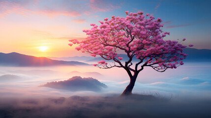 Naklejka na ściany i meble tree on the hill, tree in the fog, tree in the morning, sunrise in the mountains with fog