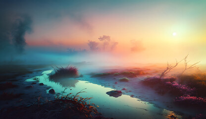 Fototapeta na wymiar colorful sunrise over the river with foggy