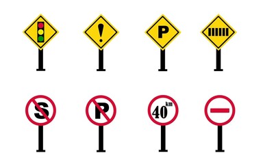 Set of highway traffic signs with poles isolated on white background