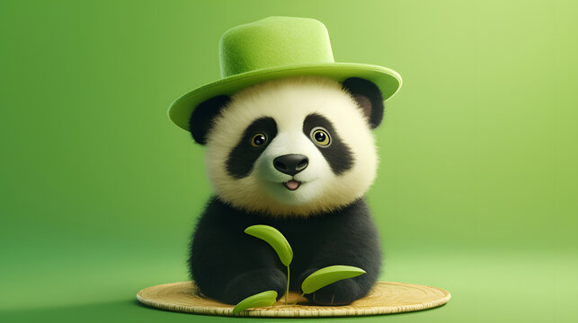 small panda with a green hat on a green background, 3d panda