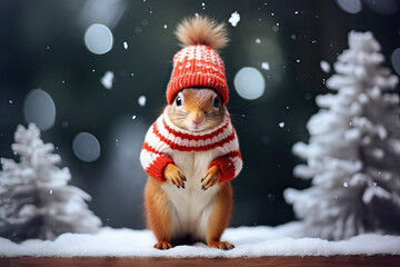 Fototapeta premium Squirrel wearing a Christmas hat and a sweater dressed in the snow. Christmas concept. Funny animals in winter.