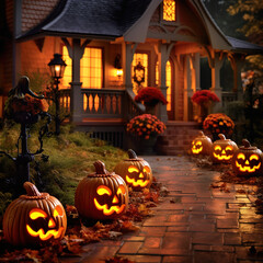 Enchanting Halloween Ambiance: Glowing Jack-o'-Lanterns at Dusk