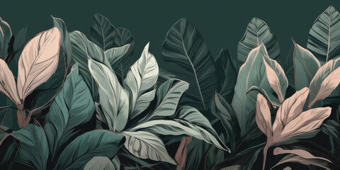 Tropical Green Leaves on a Dark Background, watercolor, art. Banana Leaf Pattern. Banana Palm Leaves