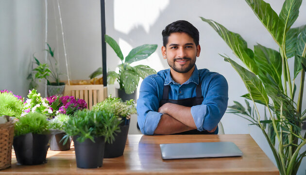 young migrant entrepreneur in his plant sales company, nursery concept, microbusiness, entrepreneurship