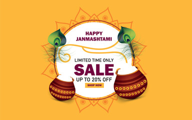 Happy Janmashtmi limited time sale banner design with 50% off on abstract yellow background