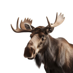 close up, portrait of a brown male moose isolated on transparent background. 