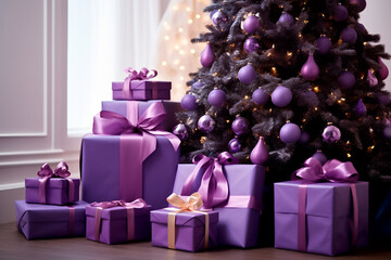 Splendid purple Christmas tree, carefully decorated, awaits the arrival of precious gift-giving moments.