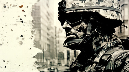 WAR, SOLDIER IN A DESTROYED CITY, HORIZONTAL FUTURISTIC IMAGE. legal AI

