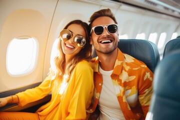 A man and a woman on a plane are flying on vacation to the sea