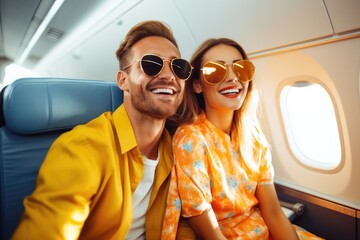 A man and a woman on a plane are flying on vacation to the sea