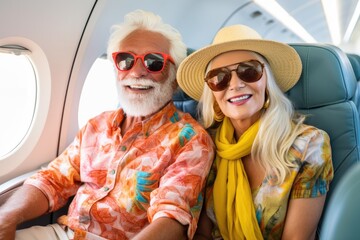 Obraz premium Retired husband and wife fly on vacation in an airplane. They are in bright clothes and happy