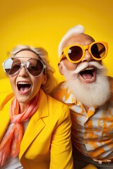 Retired husband and wife, wearing glasses on a bright background, shouting with joy