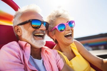 Retired husband and wife in bright clothes while on vacation at an roller coaster in amusement park