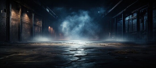 Night view of a deserted street with neon lights smoke and a dark background