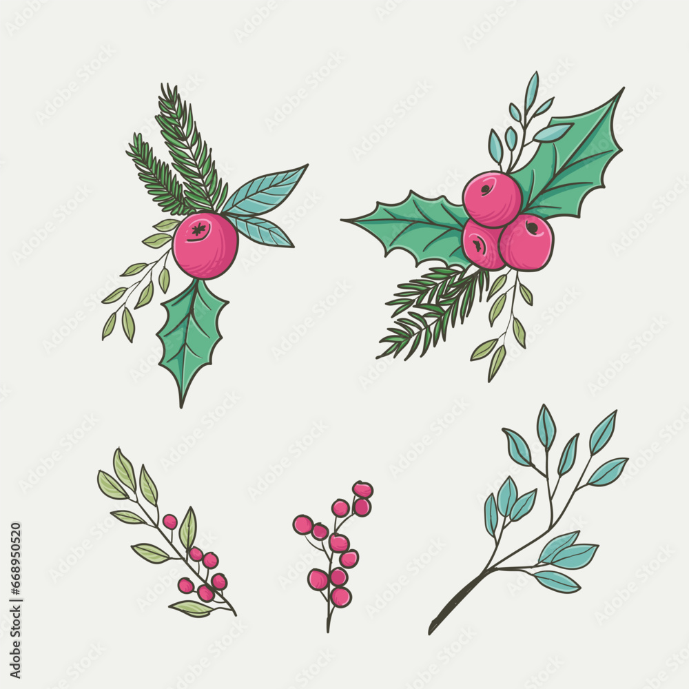 Canvas Prints Set of hand drawn holly berry branches. Vector illustration
