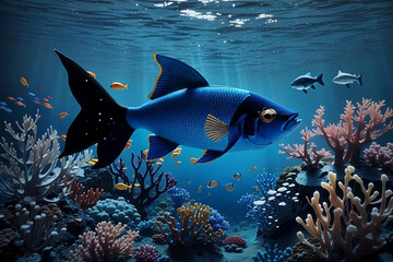 Cute Colorful Fish underwater in deep sea.