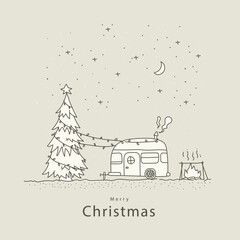 Hand drawn vector illustration of a camping with a camper van and Christmas tree
