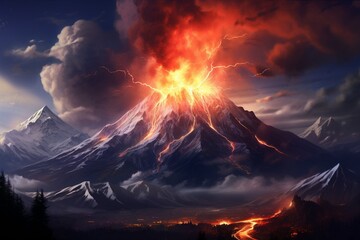 Un volcán en erupción en un paisaje nevado - obrazy, fototapety, plakaty
