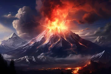 Fotobehang Un volcán en erupción en un paisaje nevado © dmtz77