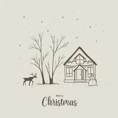 Christmas greeting card with tree, house and deer. Vector outline illustration
