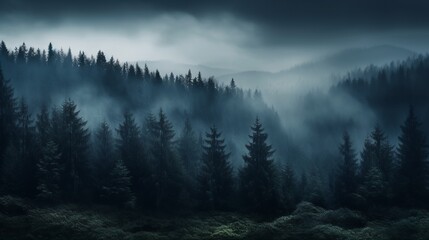 Misty pine forest valley landscape in the morning - obrazy, fototapety, plakaty