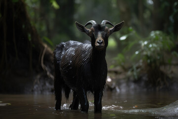 Image of black goat standing in the forest. Wildlife Animals.