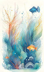 Watercolor illustration of seaweed and underwater fantastic fish, beautiful jellyfish, seashells in the depths of the ocean, poster booklet, t-shirt print, creative illustration for design
