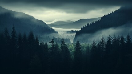 Misty pine forest valley landscape in the morning