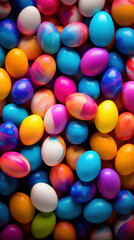 Fototapeta na wymiar Colorful Easter eggs background. Spring holiday pattern decorated ornament. Easter backdrop for social media. Bright color. Flat lay top view. Generated by artificial intelligence
