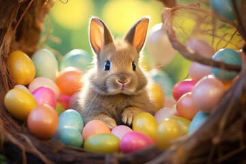 Colorful Easter eggs and cute bunny in basket. Spring holiday pattern with eggs and rabbit. Easter backdrop. Bright color. Generated by artificial intelligence