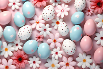 Colorful Easter eggs background. Spring holiday pattern with eggs and flower. Easter backdrop for social media. Pastel color. Flat lay top view. Generated by artificial intelligence