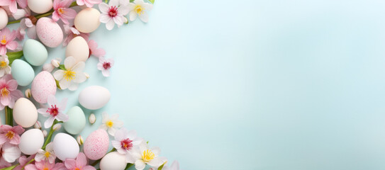 Colorful Easter egg side border on blue background. Happy Easter concept. Pastel color eggs and flowers. Banner with blank space for text. Flat lay top view. Generated by artificial intelligence
