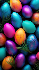 Colorful Easter eggs background. Spring holiday pattern decorated ornament. Easter backdrop for social media. Bright color. Flat lay top view. Generated by artificial intelligence