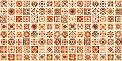 Ornamental brown and beige tiles. Portugal traditional geometric mosaic ceramic design, decorative patchwork surface.