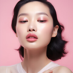 Fototapeta premium asian young woman with makeup on pink background, portrait close-up. lipstick, lips.