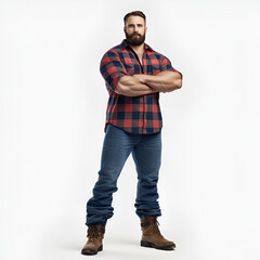 Naklejka premium young adult lumberjack with red plaid shirt, standing full body, white background