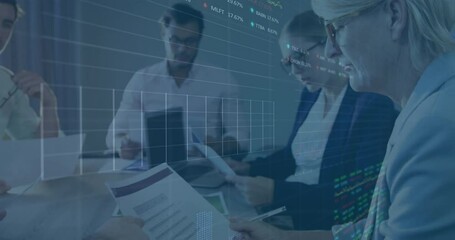 Animation of stock market data processing over caucasian senior woman reading a document at office - Powered by Adobe