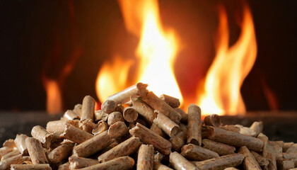 Wood pellets in front of flames - obrazy, fototapety, plakaty