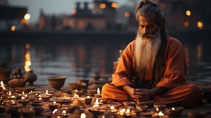 A Hindu pilgrim making an offering at the Ganges River in Varanasi, India. Varanasi is the spiritual capital of India 